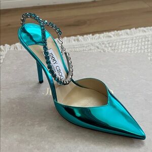 Jimmy Choo Saeda 100 Malibu Mix Heels with Chain Detail